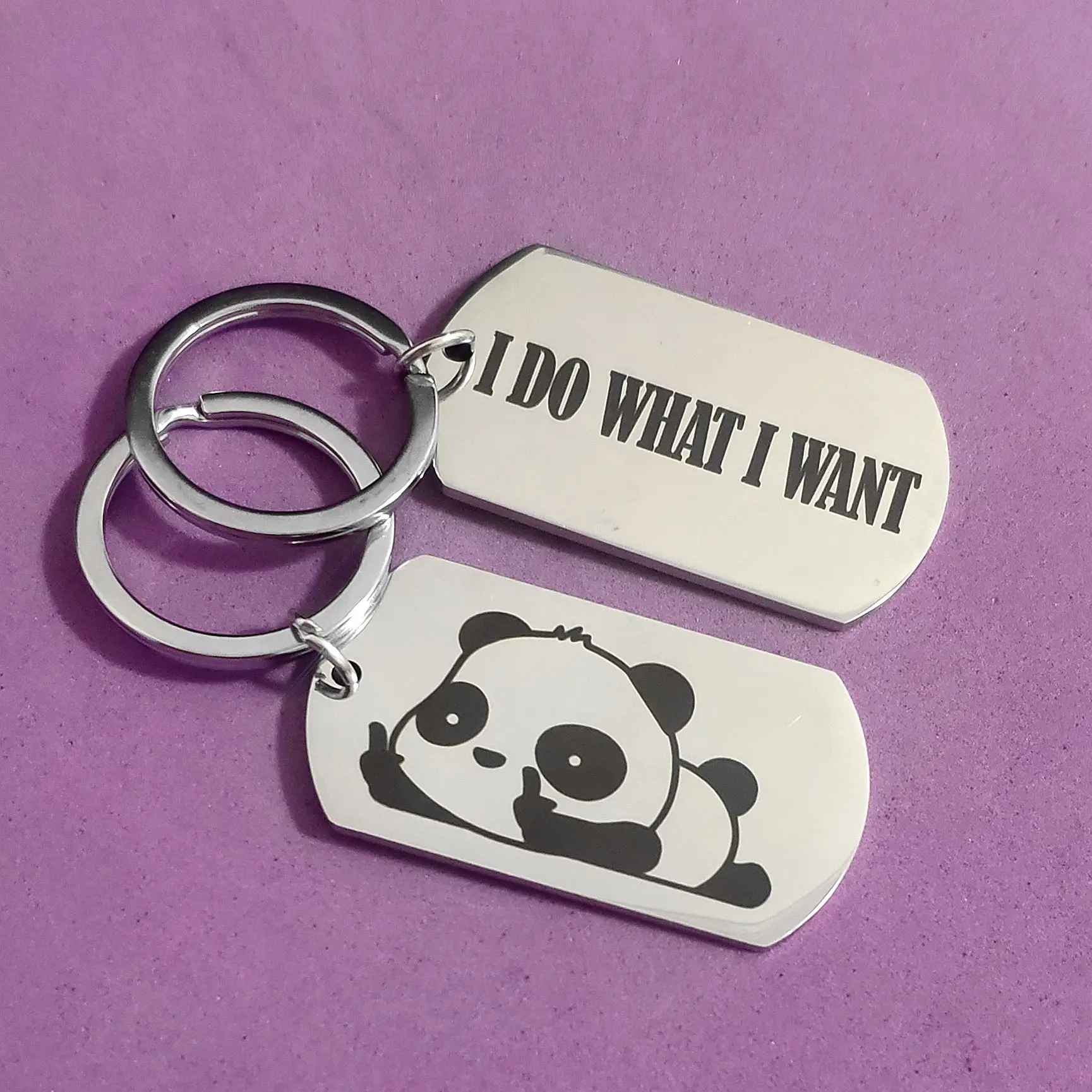 

Gift Carabiner for Keys Military Tags Creative Keyring Cute I DO WHAT I WANT Cartoon Panda Stainless Steel Keychain Car Holder