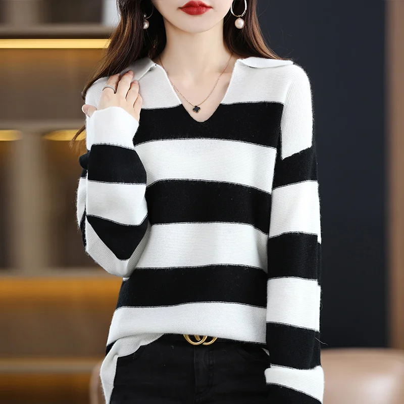 

Cashmere Sweater Autumn/Winter New 100% Pure Wool Pullover Casual Stripe Knitwear Lapel Women's Top Pull Overside Blouse HOT