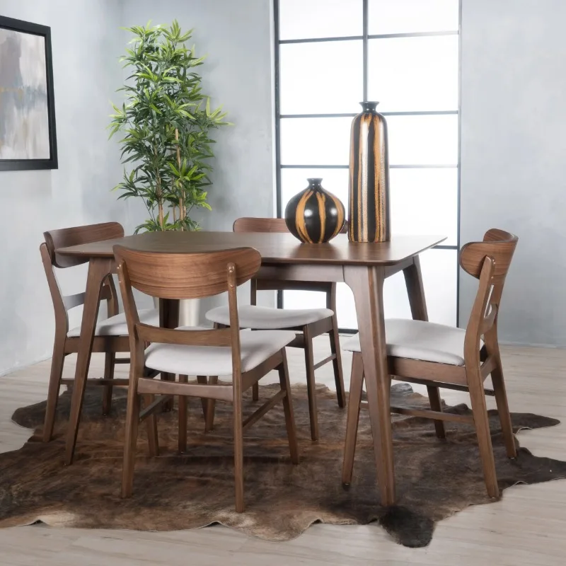 

Noble House Lydia Mid-Century Modern 5 Piece Dining Set, Dark Gray and Natural Walnut