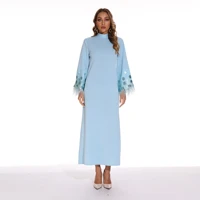 muslim dress women 2022 new elegant solid middle east arab national round neck sequin feather sleeve long robe femme musulmane