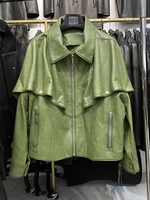 2022 new design women genuine sheepskin leather spring autumn fashion black real leather jacket loose green real leather coat