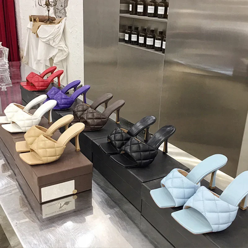 ge haftowane nici kapcie na wysokim obcasie dla kobiet letnia moda sandały z kwadratowym noskiem w stylu retro wąskim do noszenia zewnątrz