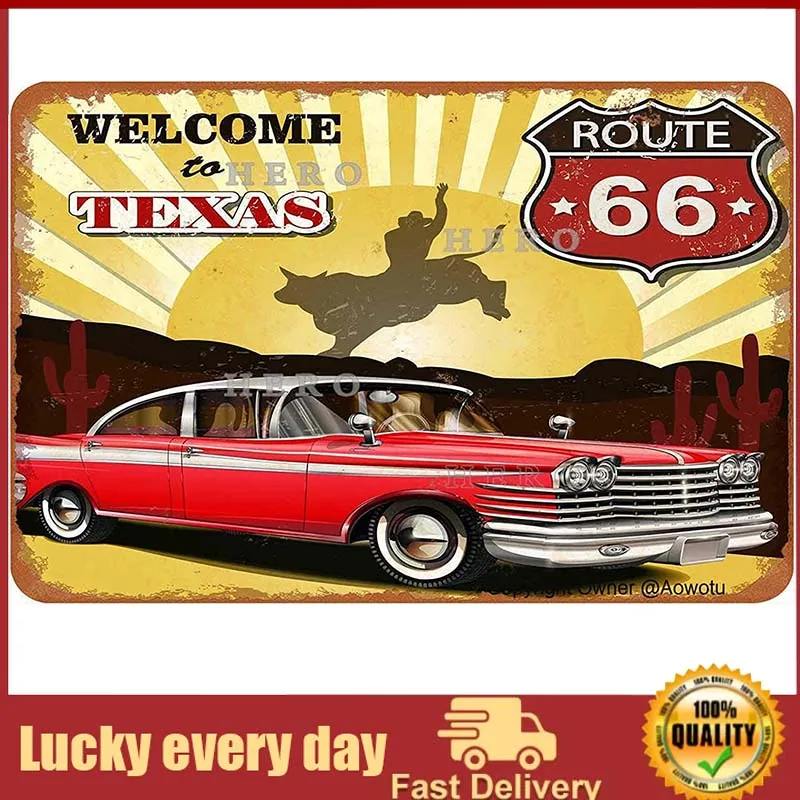 

Route 66 Welcome to Texas Vintage Tin Sign Prevent Glare Plaque not Rusted Iron Painting Aluminum Metal Retro Art Personalized