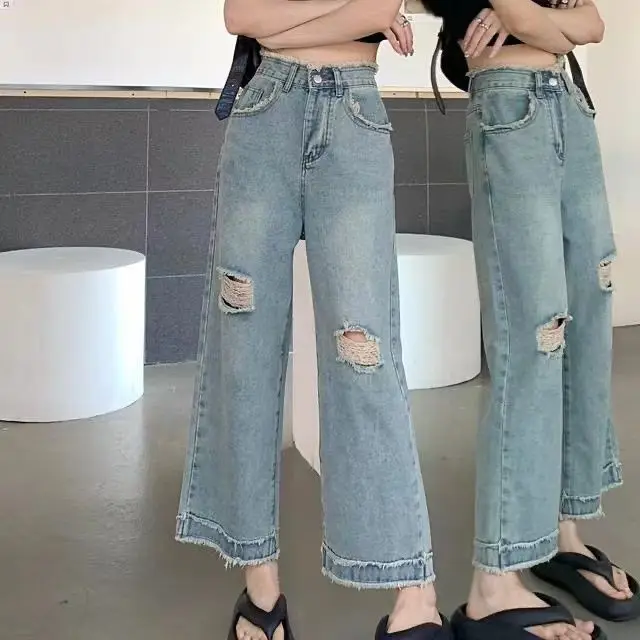 

Jeans With Holes Cropped Pants Wide Leg Dongdaemun Korean Clothing Jean High Waist Woman Big Size Y2k Clothes 2000s Street Wear