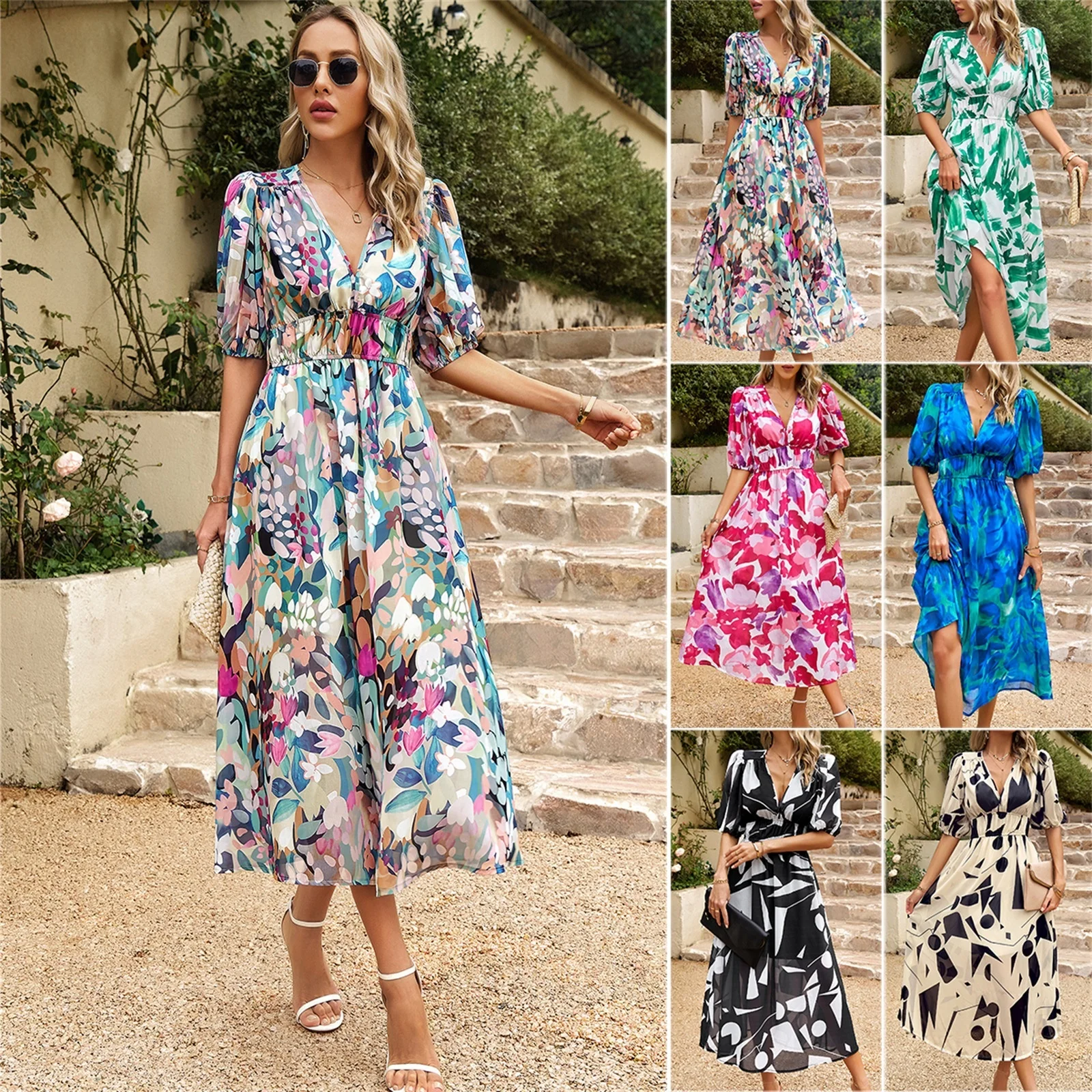 

2023Casual print elegant dress, Dress Summer Style Waist Wrapped V-Neck Printed Long Dress
