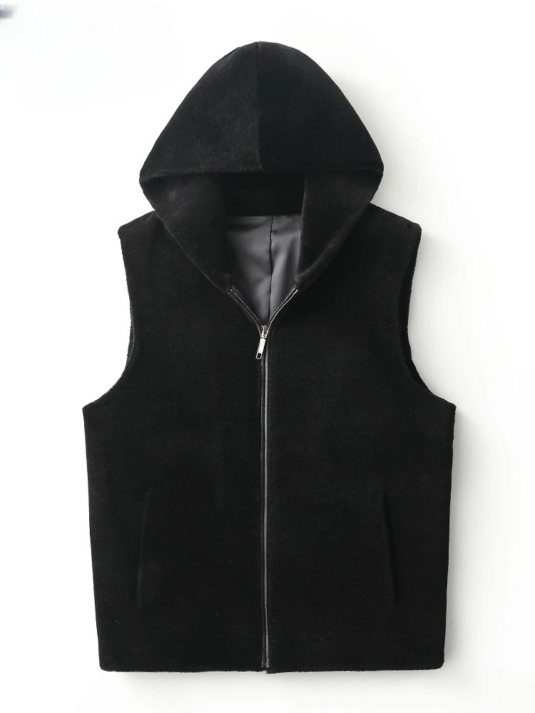 

2023 Men Autumn Winter New Short Hooded Vest Coats Male Sheep Shearing Waistcoat Men's Genuine Wool Fur Sleeveless Jackets F352