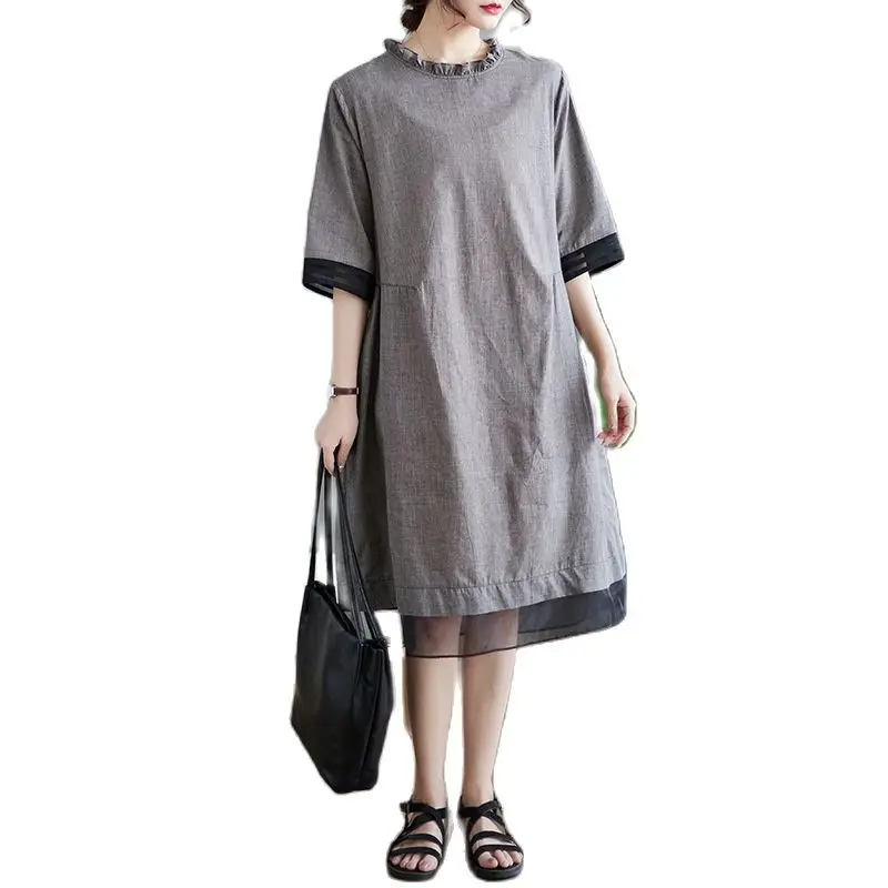 

2023 Women's Summer Dress Age Reducing Temperament Vintage Literary Casual Big Size Loose Simple Lace Patchwork New in Dresses
