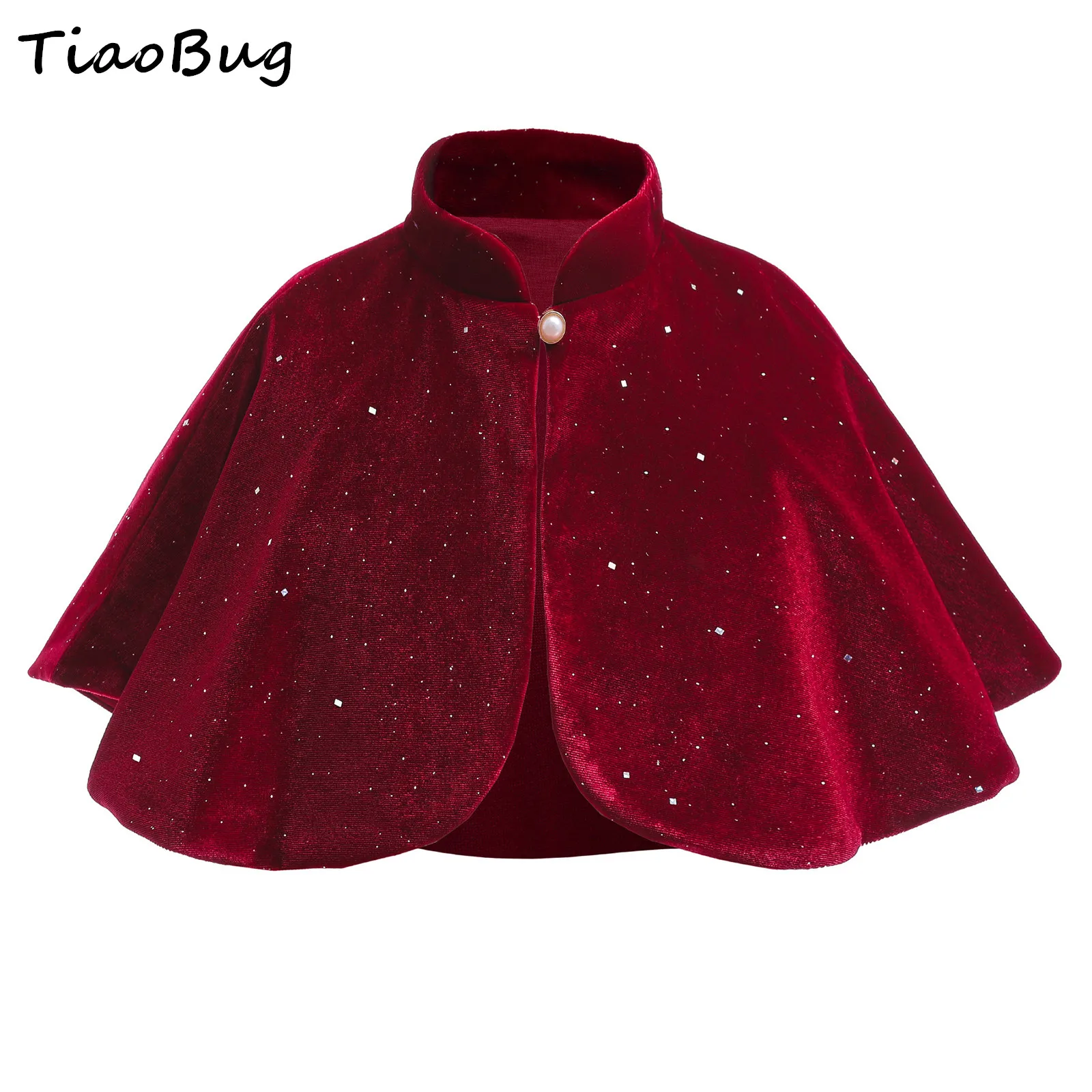

Kids Girls Fairy Cape Coat Shiny Red Velvet Stand Collar Smooth Lining Pearl Button Bolero Dress Shrug Shawl for Party Evening