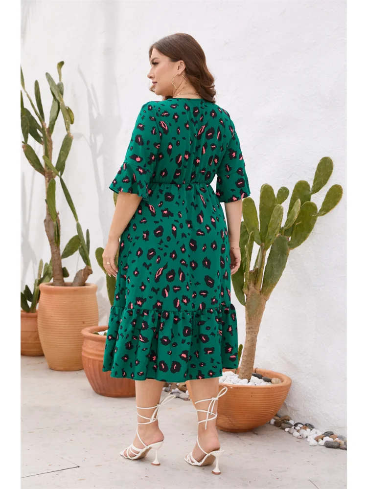 Plus size women summer new V-neck short-sleeved ruffled elastic waist dress long skirt plus size feminino