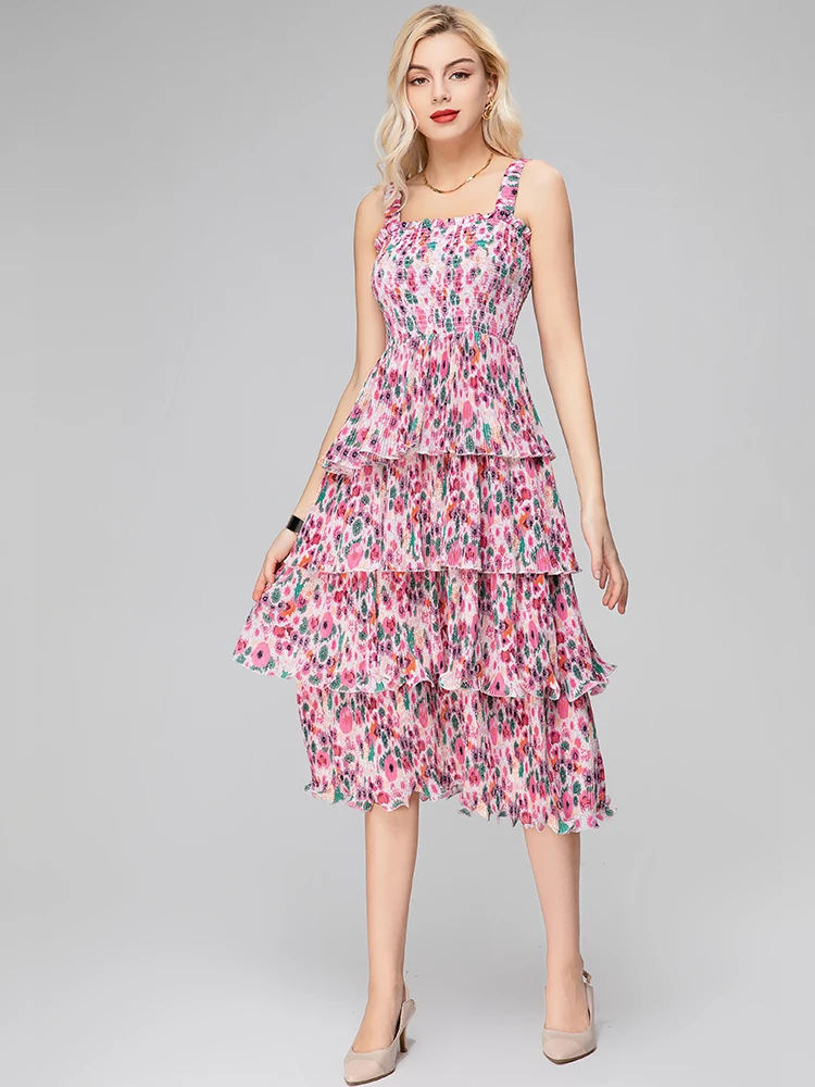 

MoaaYina Fashion Runway dress Summer Women's Dress Square Collar Spaghetti Strap Cascading Ruffle Printing Dresses