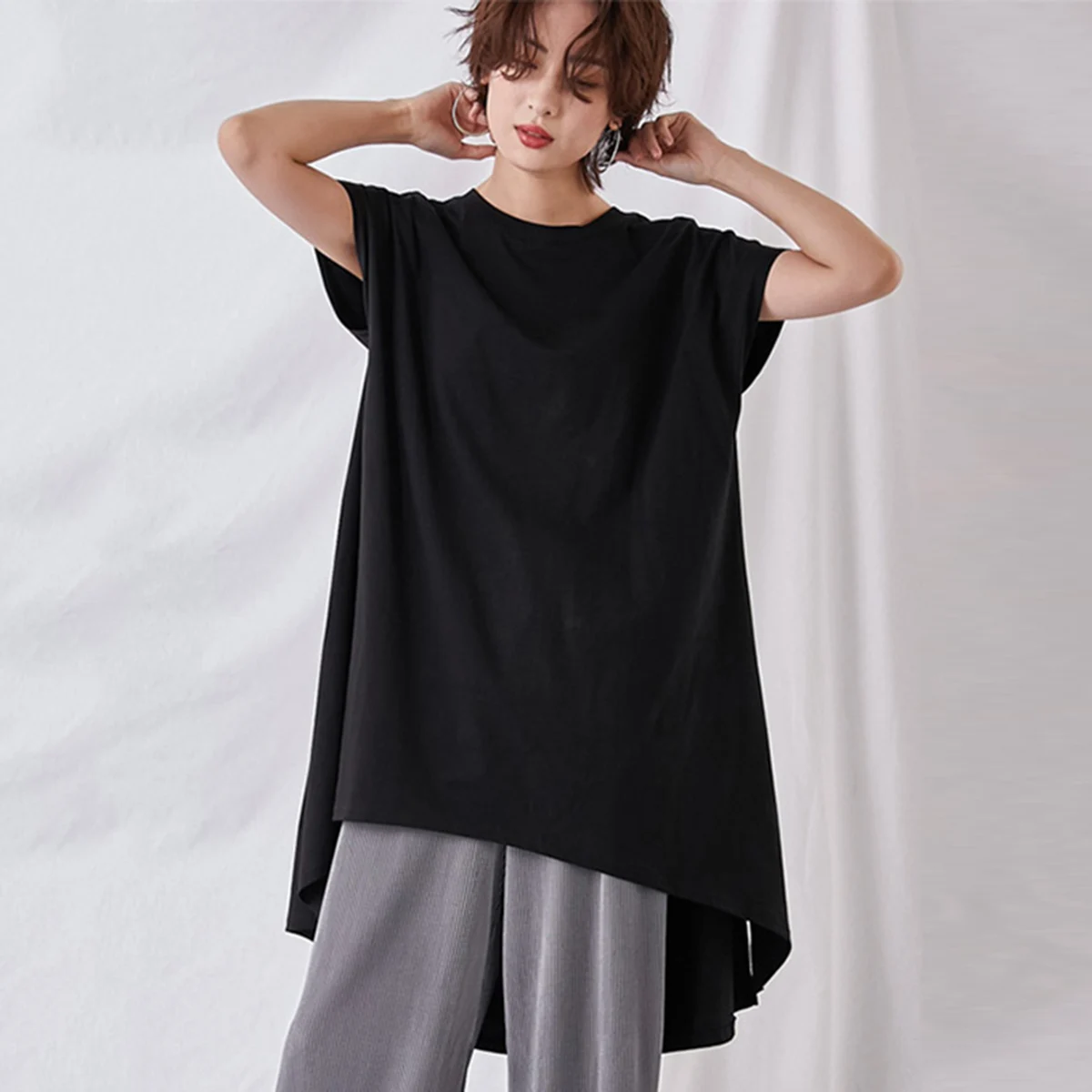 

Oshoplive 2022 Summer Female Fashion Simple Solid Color High-Low Cap Sleeve Fitness Casual T-Shirts Tops for Women
