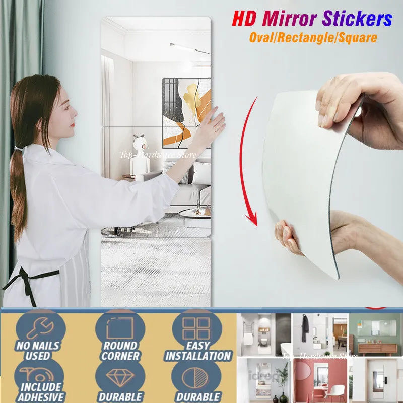 HD Flexible Acrylic Mirror Stickers Anti Fog Shower Mirror Self-adhesive Oval Rectangle Square Make Up Mirror Sticker Home Decor