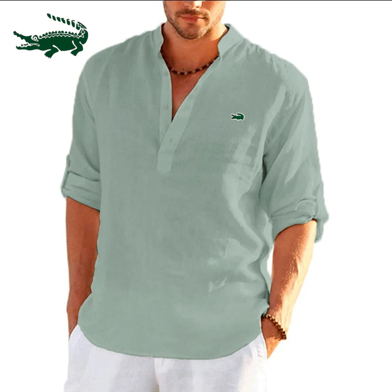 

High Quality Men's Spring/Summer New Long Sleeved Cotton Linen Shirt Business Casual Loose Fitting T-shirt Shirts Top S-5XL
