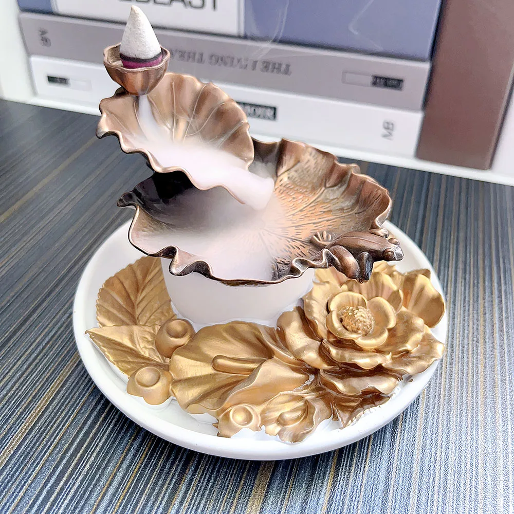 Курильница в виде листьев лотоса, лягушки, водопад, курильница для дыма, бакхор, курильница, украшение для дома, магнитный держатель для благовоний