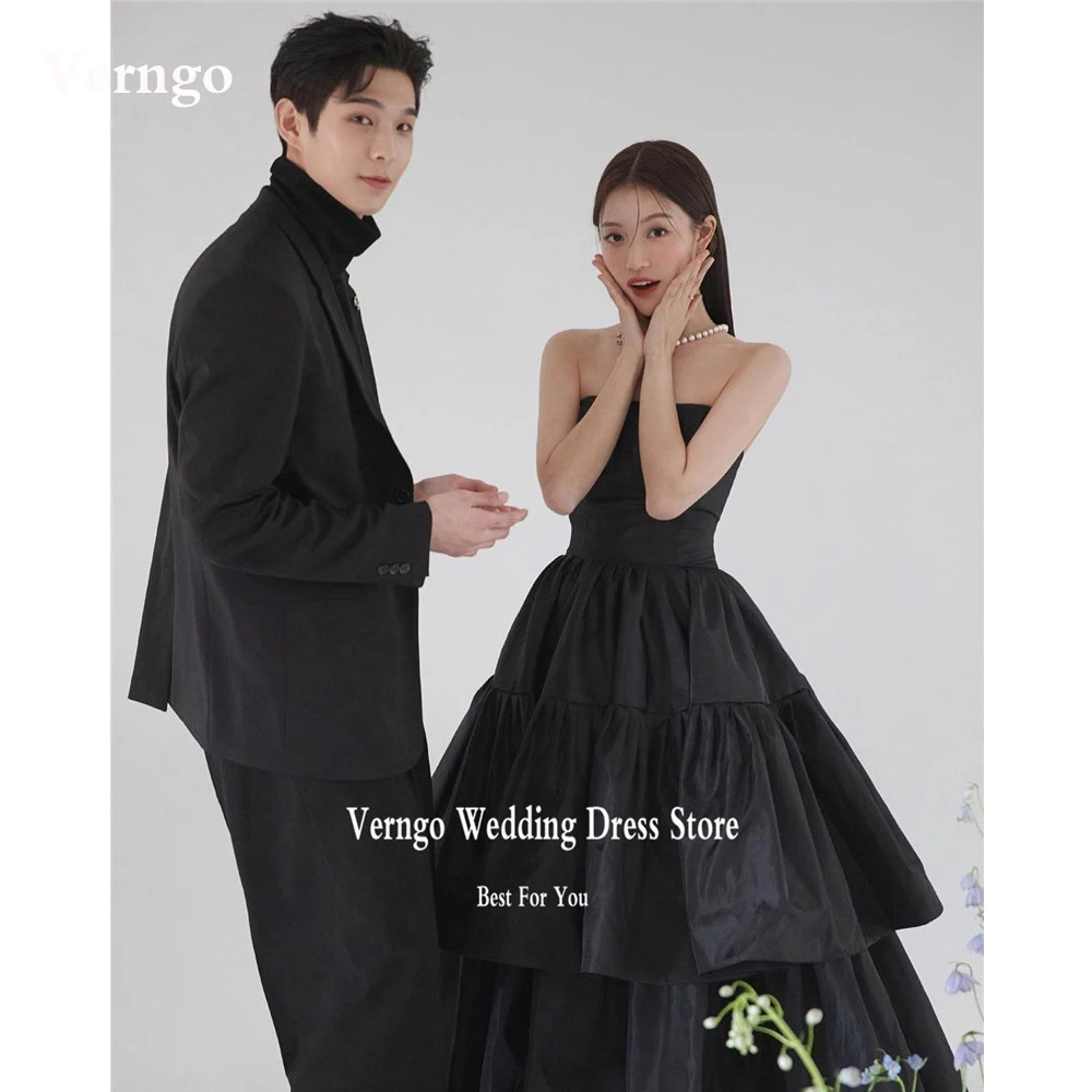 

Verngo Black Taffeta A Line Long Evening Dresses Korea Women Strapless Tiered Bride Party Dress Prom Gowns Formal Occasion