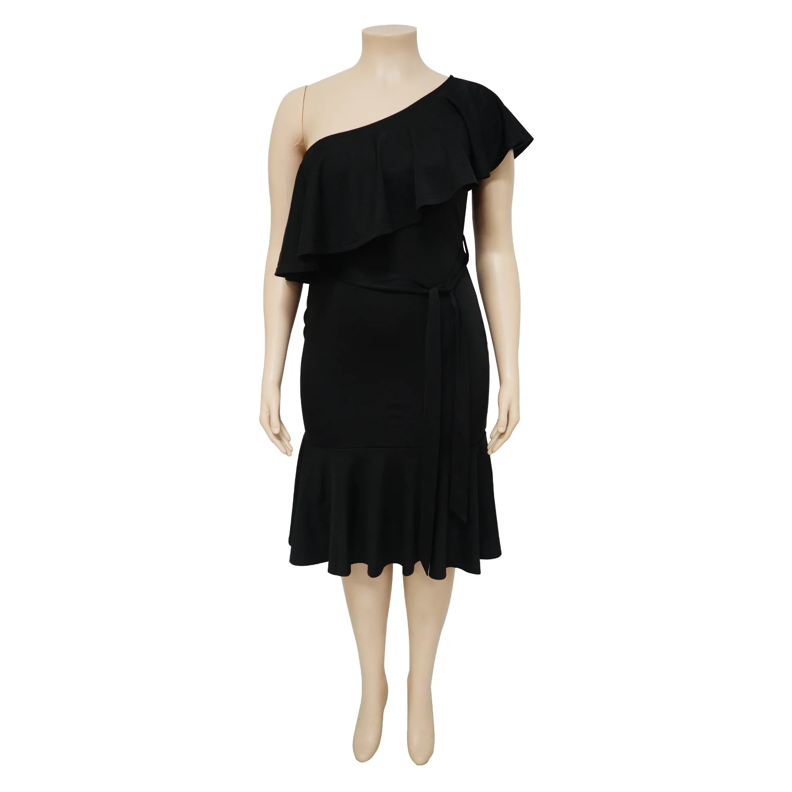 Plus Size Women's Dress Fashion Slim Casual Ruffle Edge Smocked Mid-length Dress Large Size Female Solid Color Elegant Dresses