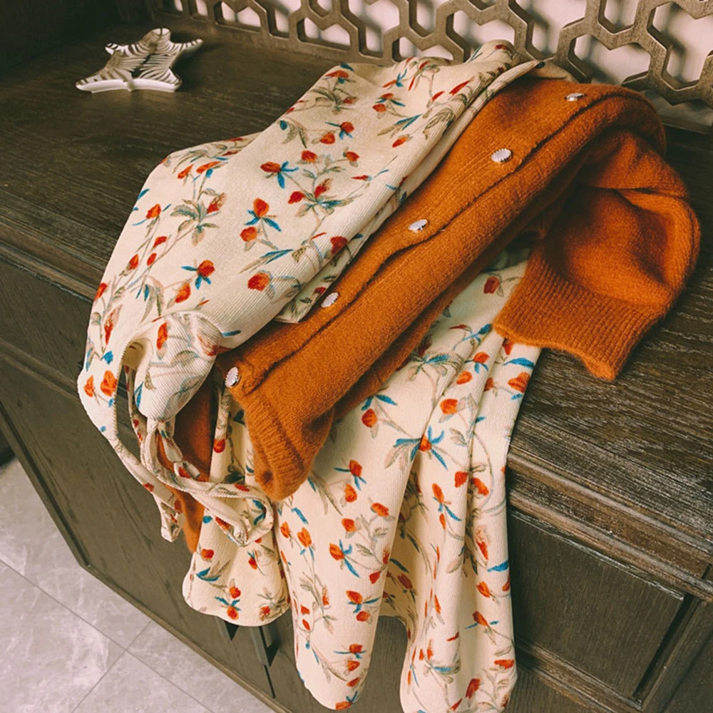 Orange Raccoon Velvet Knit cardigan Women Spring and Autumn 2024 New Korean Sle Short Retro Round neck sweater Outerwear Top