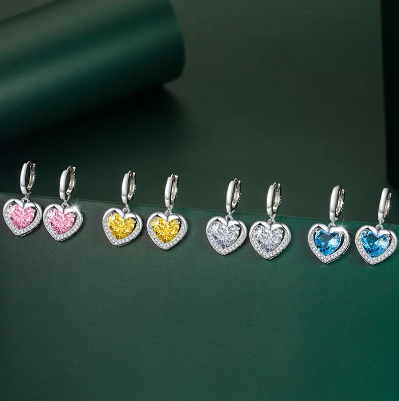 

ANGLANG Luxury Heart Cubic Zirconia Dangle Earrings Women White/Blue/Pink/Yellow Simple Elegant Earrings Wedding Trendy Jewelry