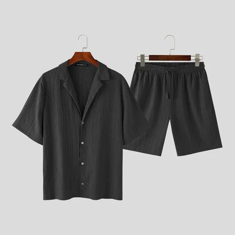 Комплект из рубашки и шортов INCERUN мужской, блузка с отложным воротником и шорты с плиссированным воротником и короткими рукавами, уличная одежда, Свободный Повседневный костюм, однотонный, 2024