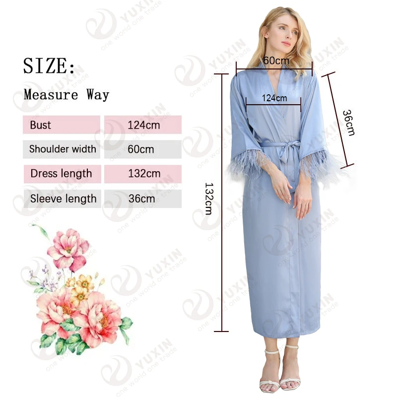 Silk Satin Feather Sleeve Robe Women Long Satin Robe Bridal Robe Bridesmaid Robes Lace Robe Wedding Robe Bathrobe Long Robe