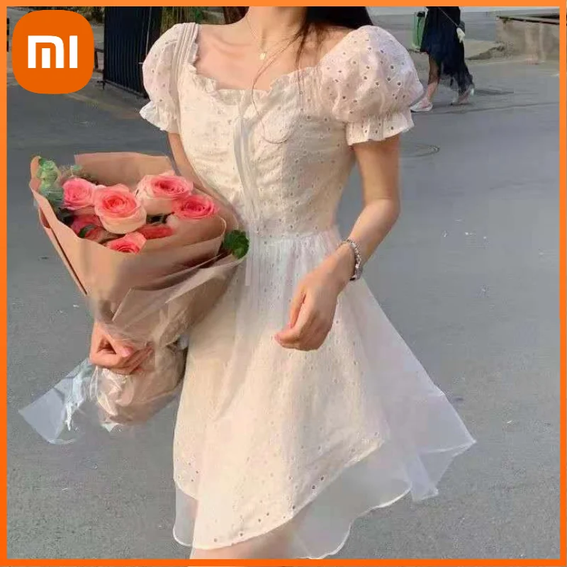 

Xiaomi Elegant Korean White Dress Women Hollow Evening Bandage Sexy Sweet Mini Dress Summer Designer Casual Pretty Party Dress