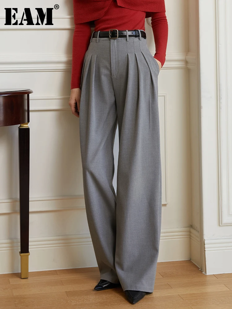 [EAM] High Waist Gray Pleated Long Wide Leg Casual Pants New Loose Fit Trousers Women Fashion Tide Spring Autumn 2023 1DF5197