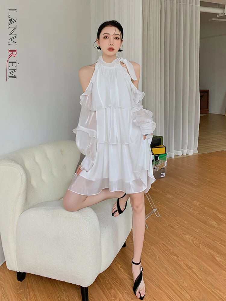 

Женское Полупрозрачное платье LANMREM, Платье До Колена с открытыми плечами, длинным рукавом и воротником-стойкой, однотонная Летняя женская о...