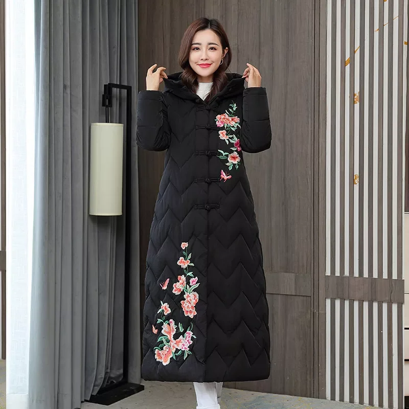 

2022New women embroidered clothes lengthened over knee loose cotton padded jacket Chinese style national style jacket