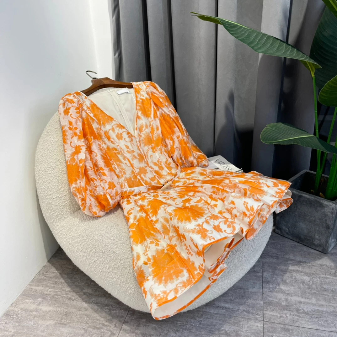 

Hot Sale 2022 Summer High Quality Linen Silk Corset Orange Flower Print V-neck Gathering Mini Dresses with Shell Belt Women