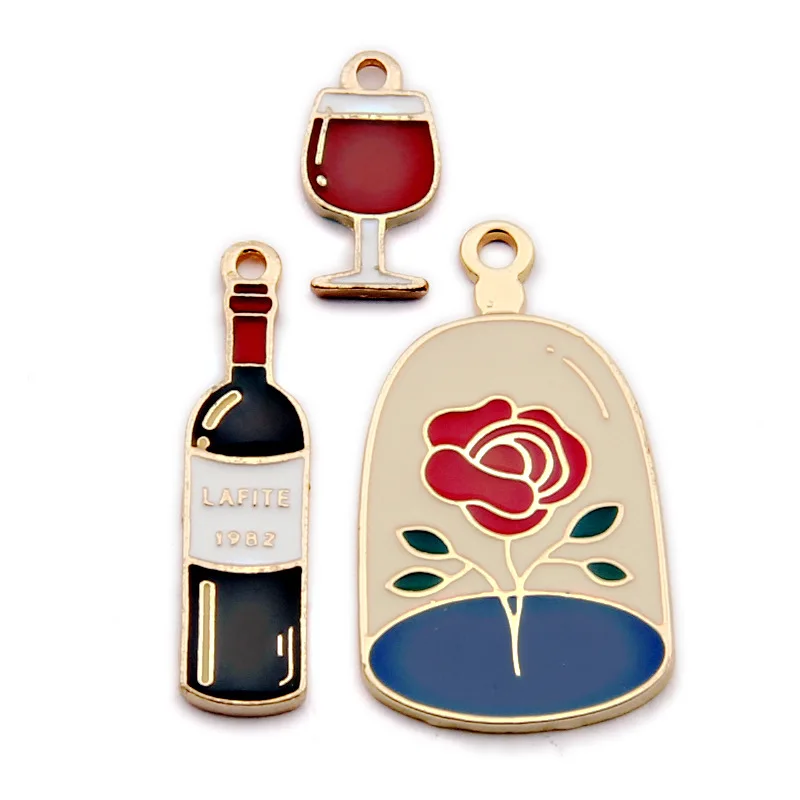 

10pcs/Lot Featured Red Wine Glass Rose Flower Shape Enamel Earring Bracelet Keychain Brooch Jewelry Charms Pendant