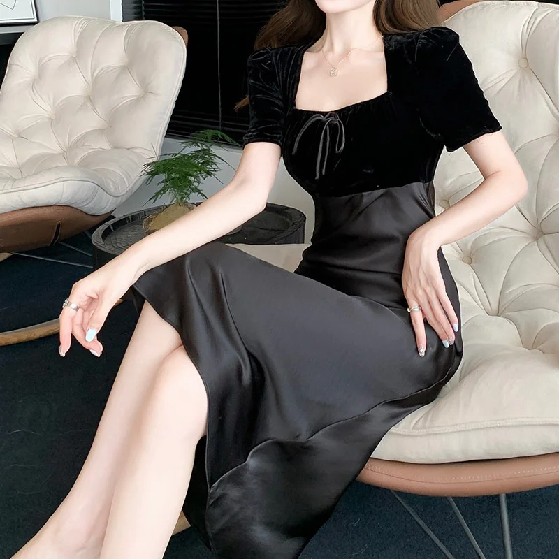 2023 Vintage Black Velvet Patchwork Dress Runway Elegant Puff Short Sleeve Square Neck Bow Dresses Lady Fashion Evening Gowns