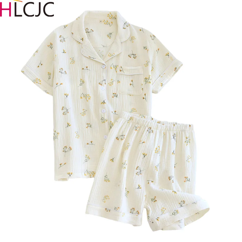 

2022 Japanese Style Simple Short Women Female 100% Cotton Crepe Short Sleeve Trousers Ladies Pajamas Suit Cute Pajamas Sets Home