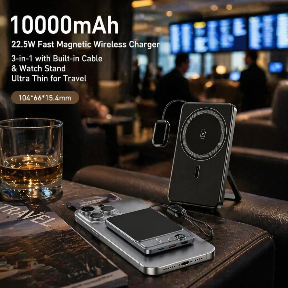 Фото Магнитный Power Bank 20000 мАч, быстрая зарядка 22.5 Вт, беспроводное зарядное устройство 3-в-1 со встроенным кабелем, подставка для часов, ультратонкий, для путешествий №4
