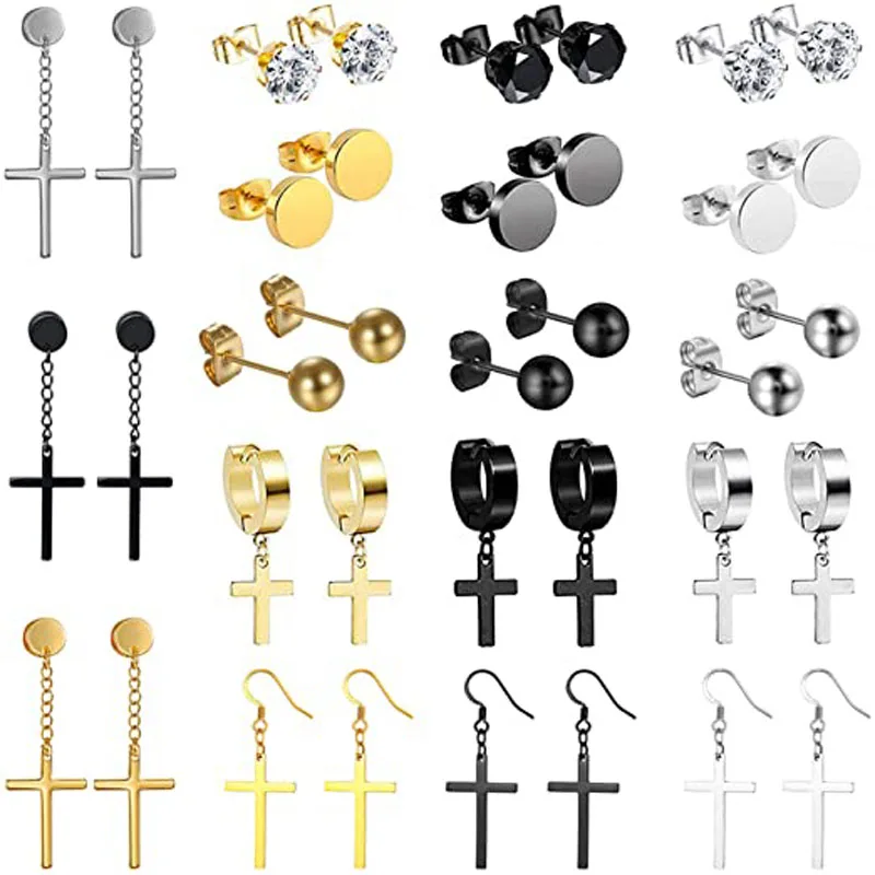 

Серьги-гвоздики из нержавеющей стали с крестом для мужчин и женщин, набор из 18 пар серег-гвоздиков обруч для Пирсинга Ушей