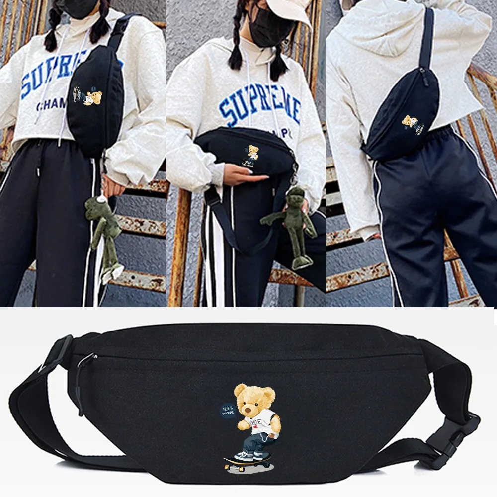 

Bear Skateboard Print Waist Bag Canvas Fanny Pack for Men and Women Big Chest Bag Multi-Functional Chest Bags Banana Waist Packs