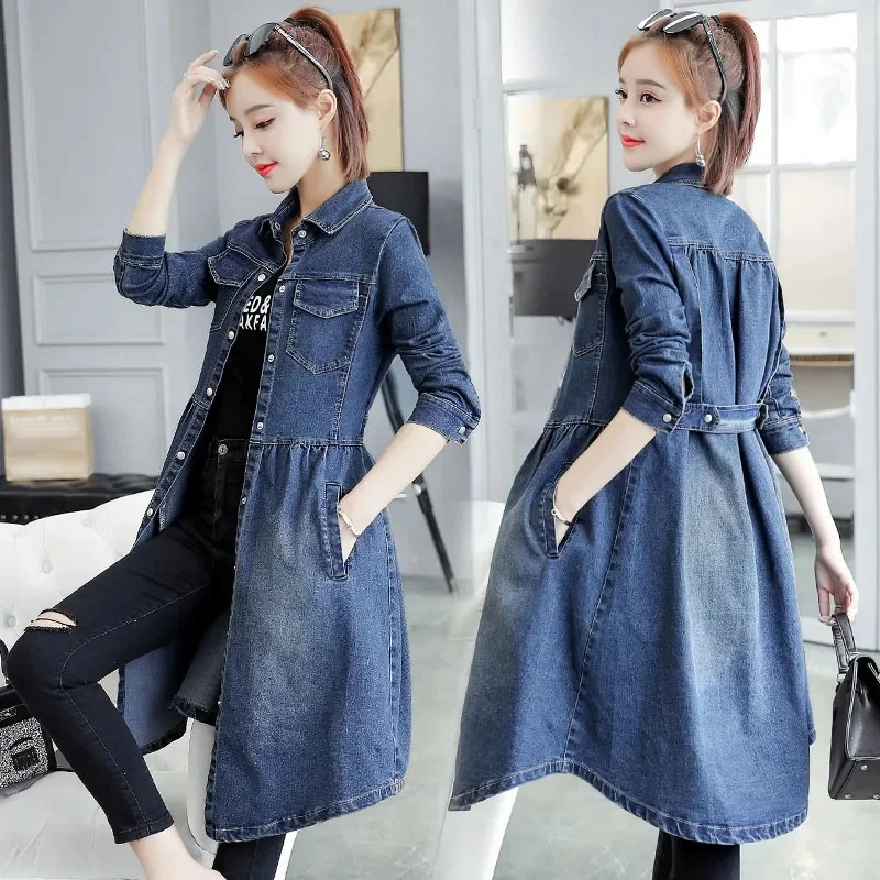 Тренчкот женский джинсовый средней длины модная Повседневная джинсовая куртка в