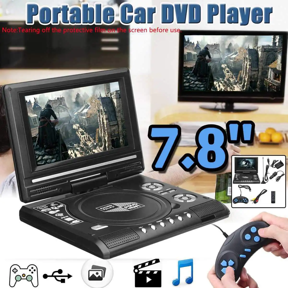 

Портативный HD 7,8 дюймовый домашний ТВ автомобильный DVD-плеер VCD CD MP3 DVD-плеер USB SD-карты RCA портативный кабель для игры 16:9 вращающийся ЖК-экран