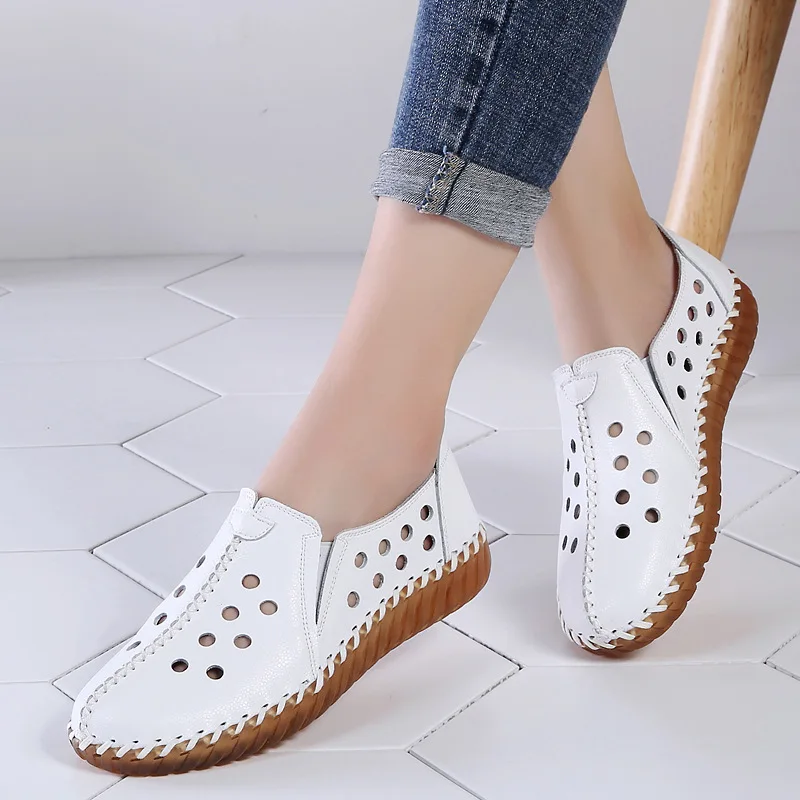 

Мокасины из натуральной кожи женские, дышащие мягкие туфли на плоской подошве, с вырезами, белые черные