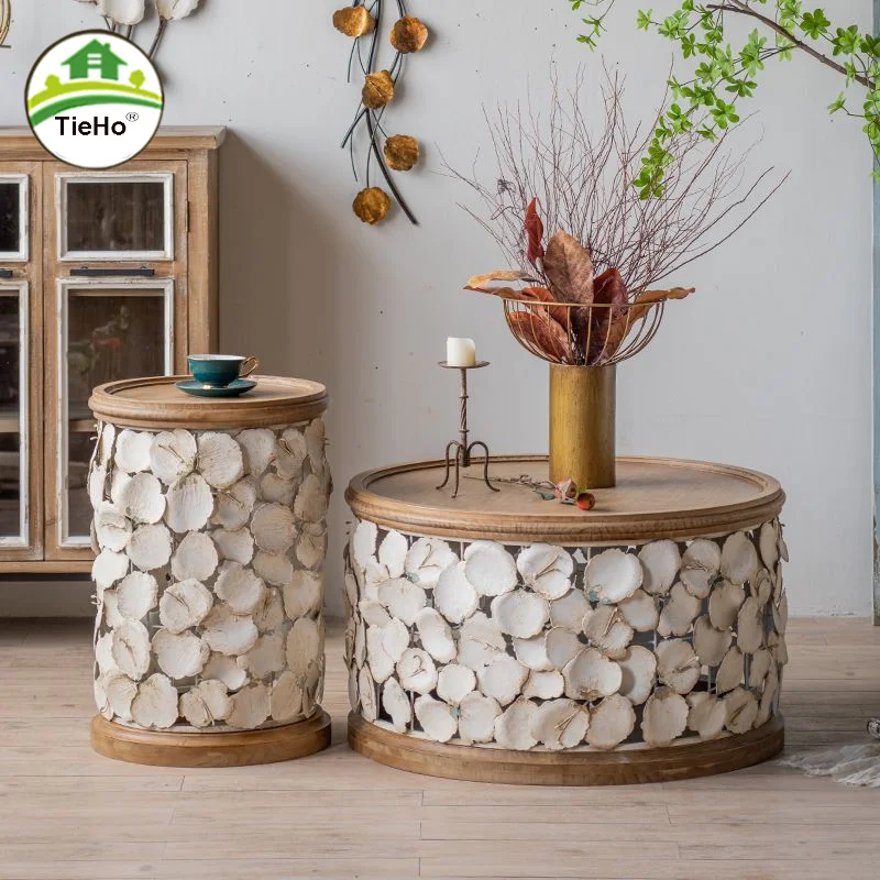 

Nordic Vintage Pine Wood Coffee Table Living Room Retro Iron Sofa Side Table Household Round Metal Corner Table Home Furniture