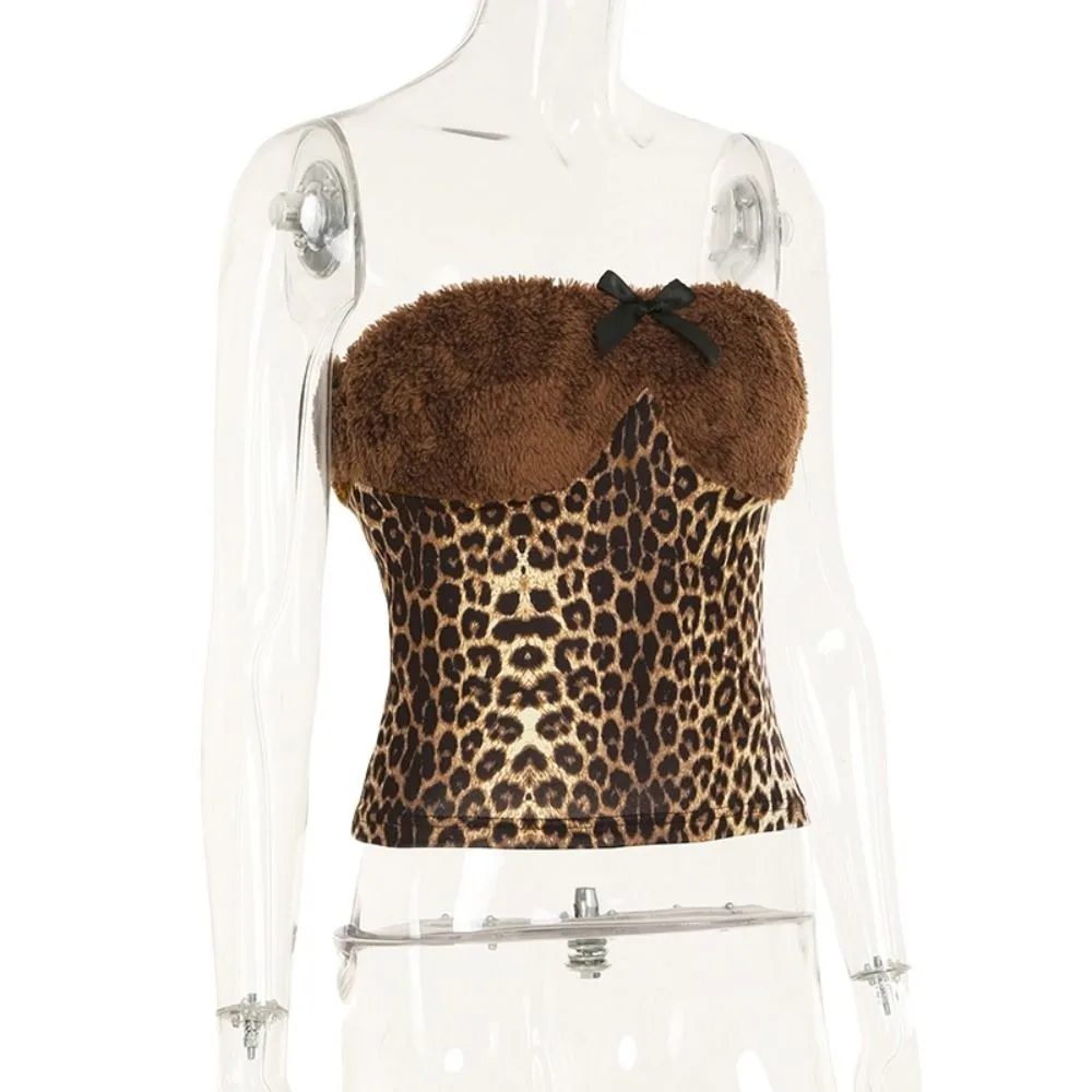 Уникальный лоскутный топ без рукавов с пушистым плюшевым леопардовым принтом