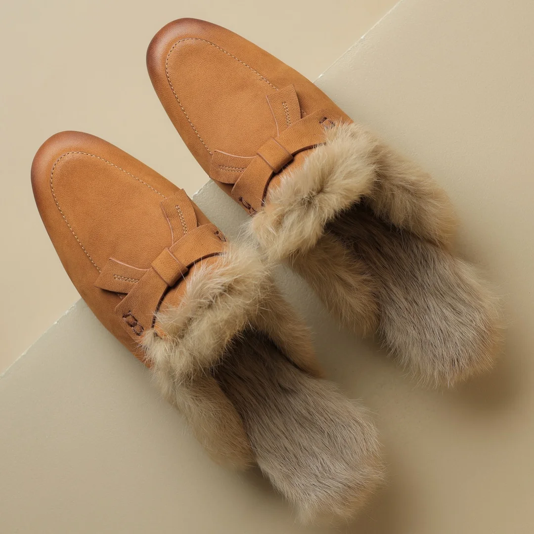 Большой размер 41 женские слипоны на плоской подошве из овчины с кроличьим мехом