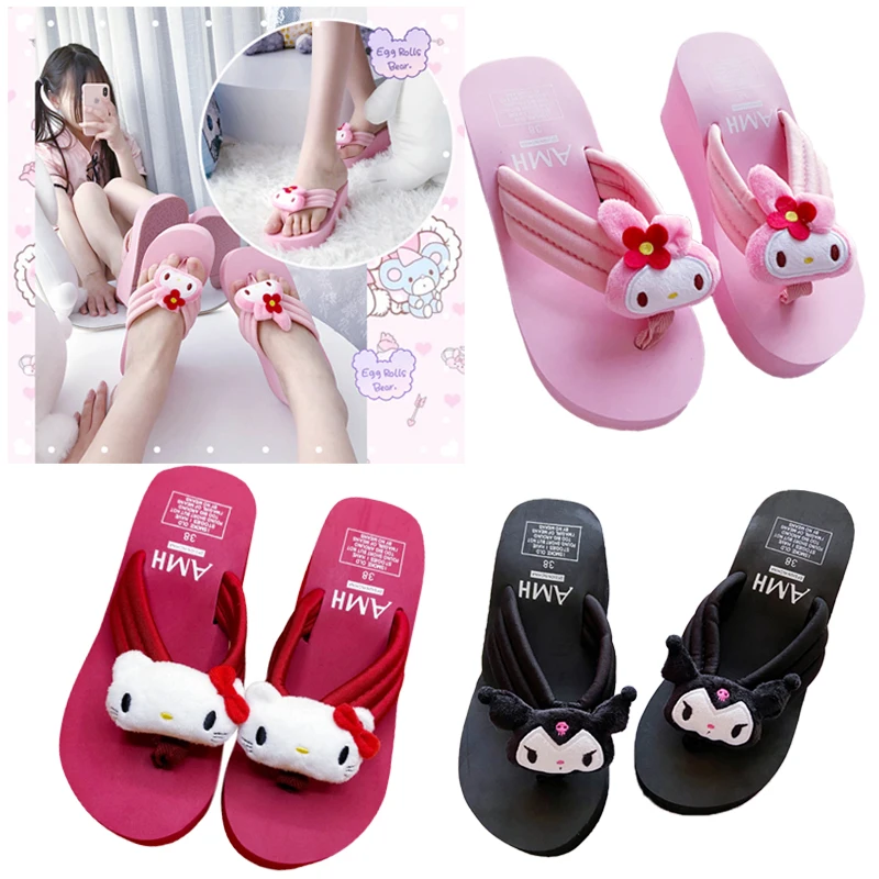 

Шлепанцы Kawaii Sanrioed с аниме My Melody Kuromi Hellokittys, летние шлепанцы на толстой подошве, Тапочки