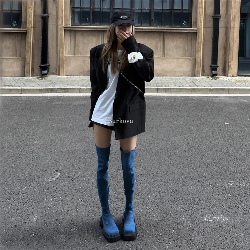Denim New Over The Knee Boots Square Toe High Top Side Zipper Stretch Boots Cool Girl Sexy Woman Dress Fashion Elevator Shoes
