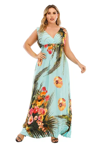 Женское винтажное платье макси без рукавов, свободное плиссированное платье в богемном стиле с V-образным вырезом и принтом, модель FC275 на лето
