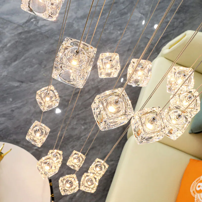 Square crystal staircase chandelier luxury led light bedroom living room chrome duplex high floor long chandelier lighting