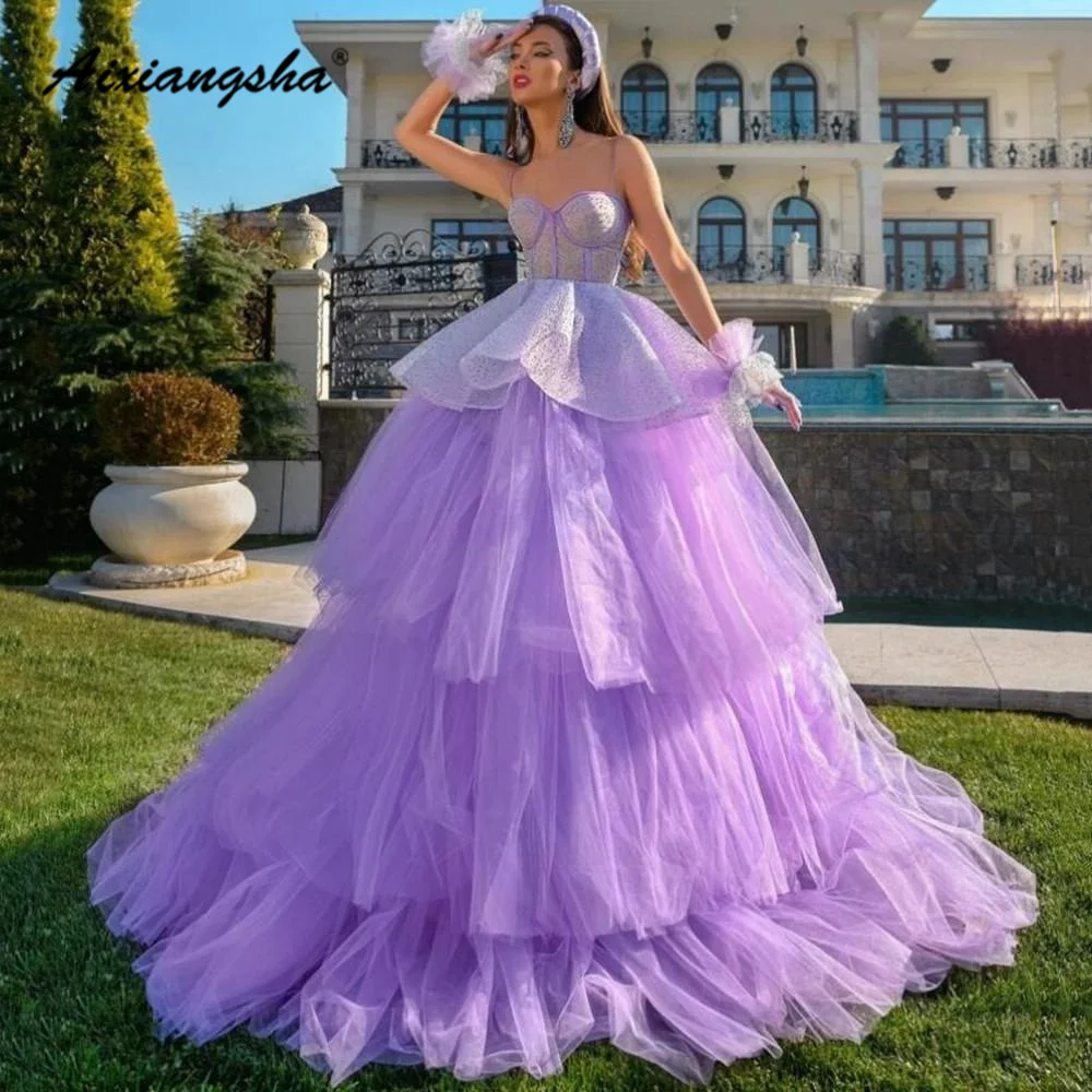

Aixiangsha Princess Spaghetti Prom Dress Tiered Pleat Layered Quinceanera Gown Ball Gown Evening Vestido De Fiesta De Noche