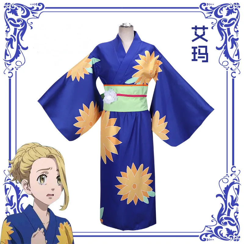 

New Arrivals Anime Tokyo Revengers Emma Sano Cosplay Customes Blue Kimono Dress Women Halloween Costume