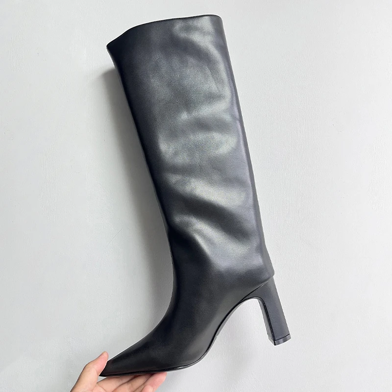 

Новинка 2023, женские осенние кожаные сапоги, Прошитые дизайнерские высокие сапоги до колена, тонкие праздничные туфли-лодочки с острым носком