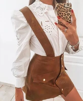2021 new single breasted pu leather strap skirt womens high waist mini brown gothic skirt leather a line retro suspender skirt