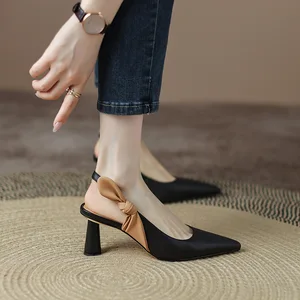 2022 Summer Sheepskin Simple Pointed Toe Shallow Mouth Bow Temperament Sandals New Sweet High Heels Women Shoes